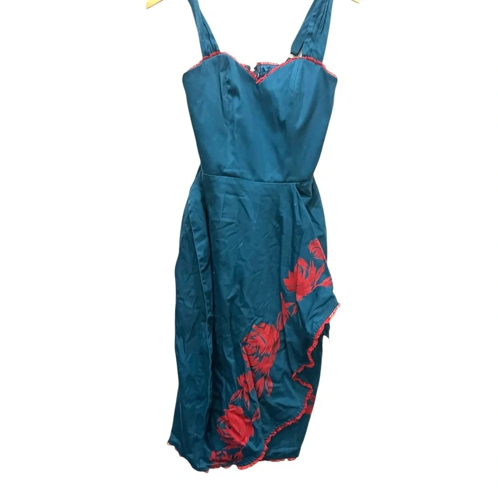 Teal Dress with Red Floral Accents pinup couture - Picture 2 of 3